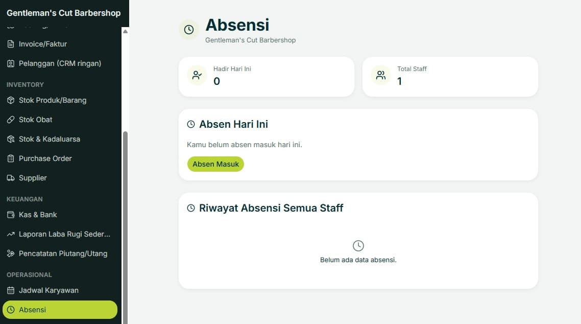 Halaman Absensi Bisnis Tertata