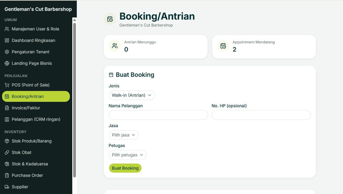 Halaman Booking/Antrian Bisnis Tertata, termasuk booking dari website