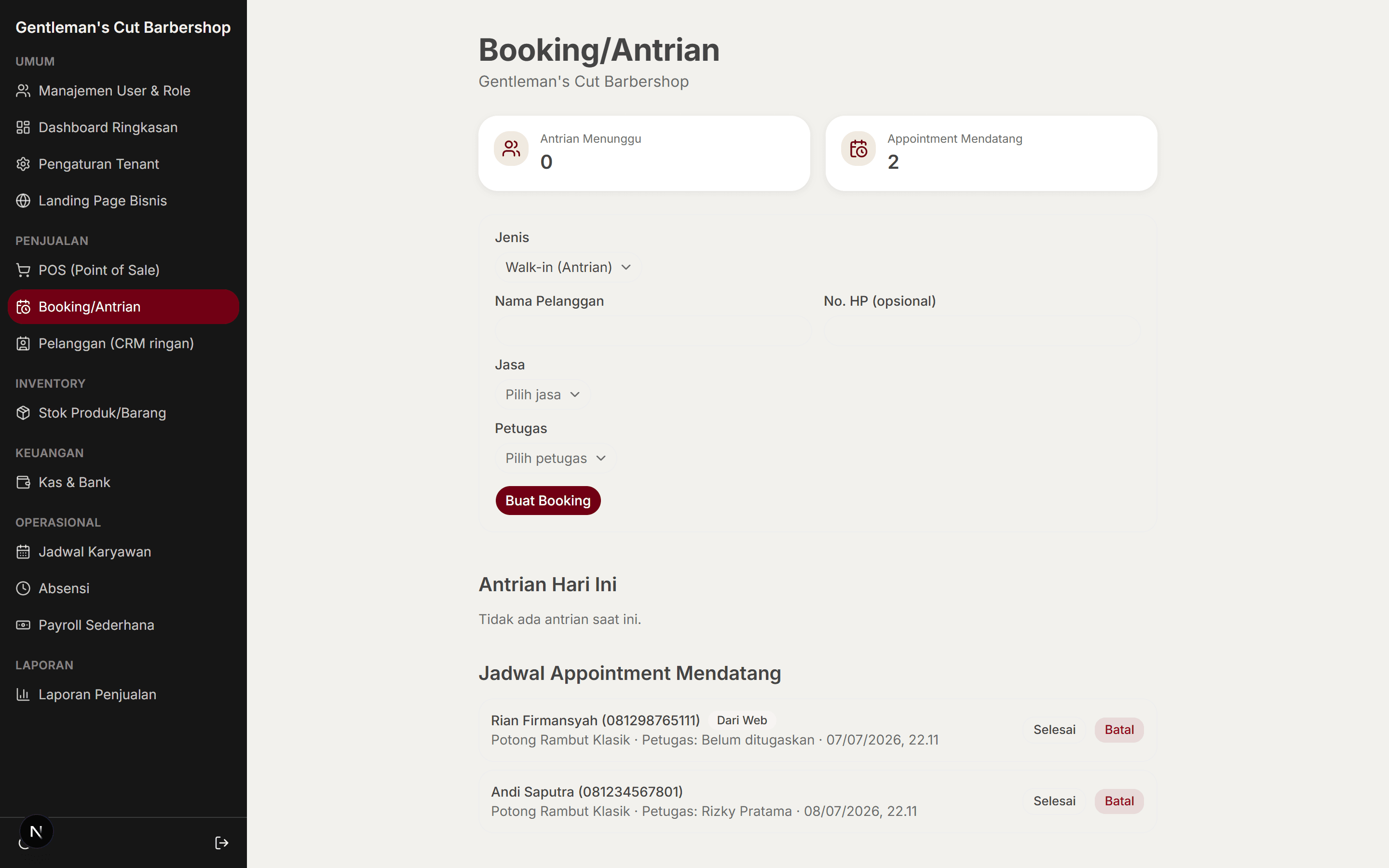 Halaman Booking/Antrian Bisnis Tertata, termasuk booking dari website