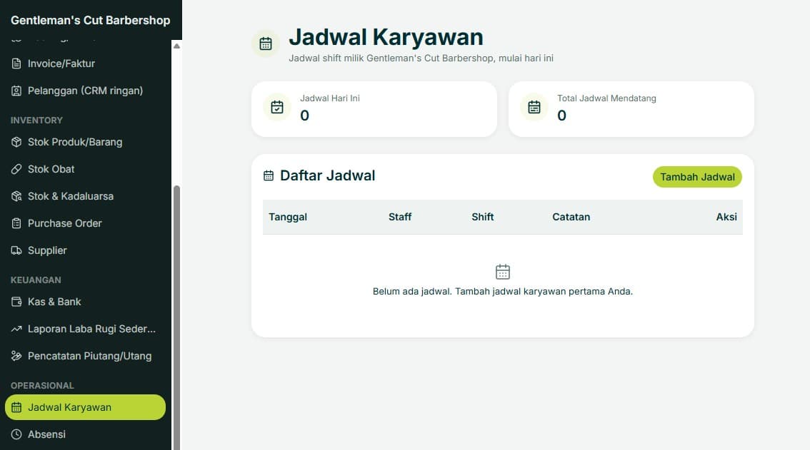 Halaman Jadwal Karyawan Bisnis Tertata