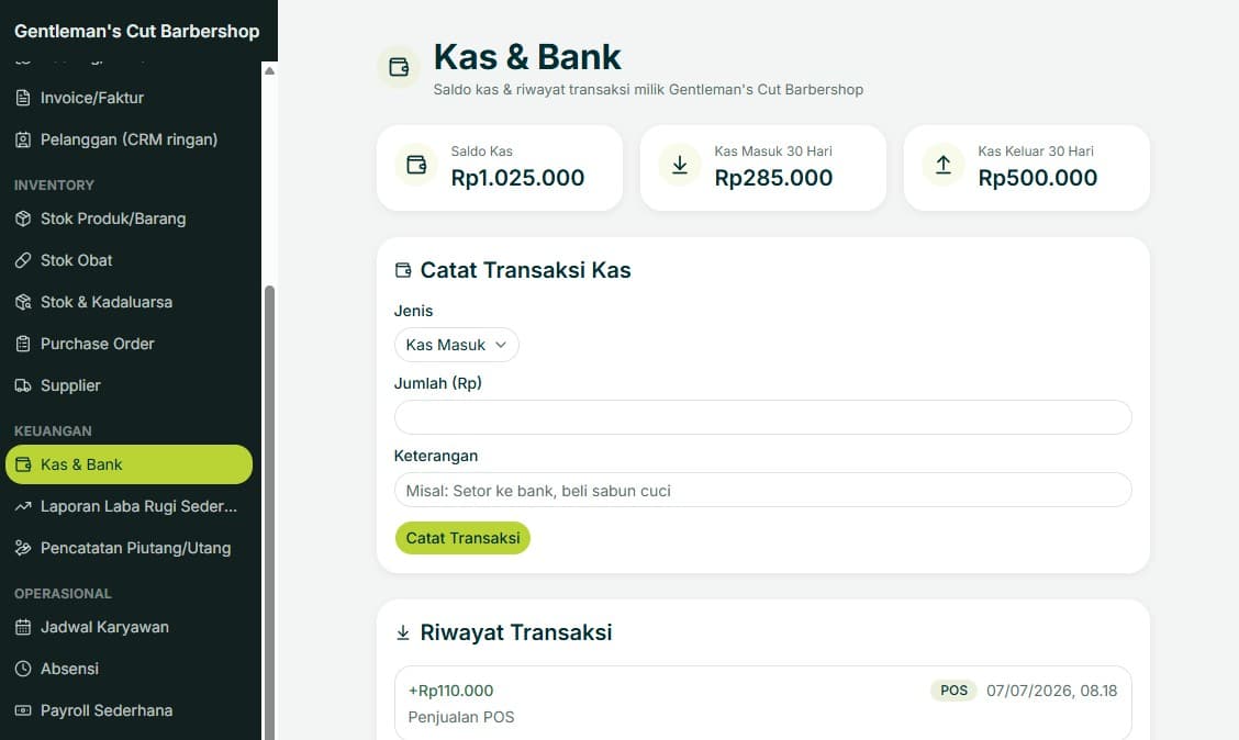 Halaman Kas & Bank Bisnis Tertata