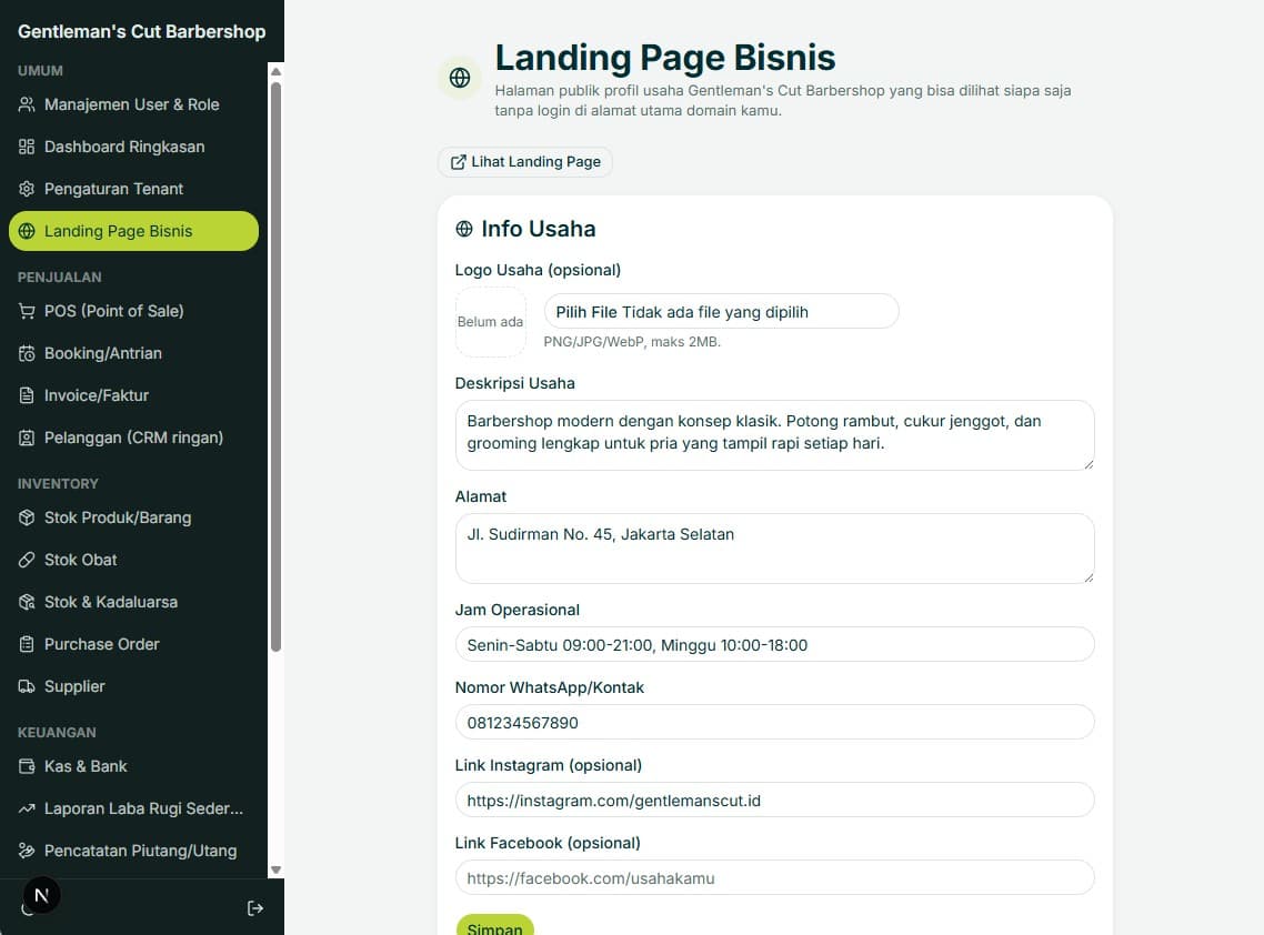 Landing page bisnis publik dengan form booking online