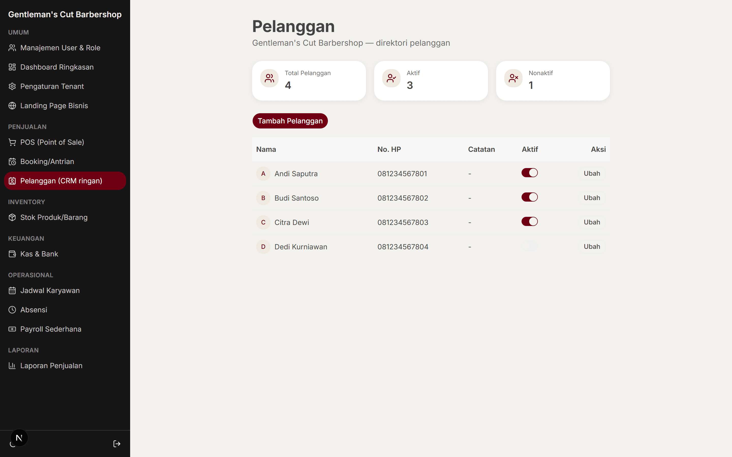 Halaman Pelanggan (CRM ringan) Bisnis Tertata
