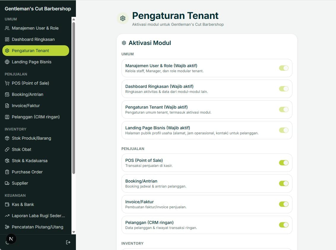 Halaman Pengaturan Tenant dengan daftar aktivasi modul Bisnis Tertata