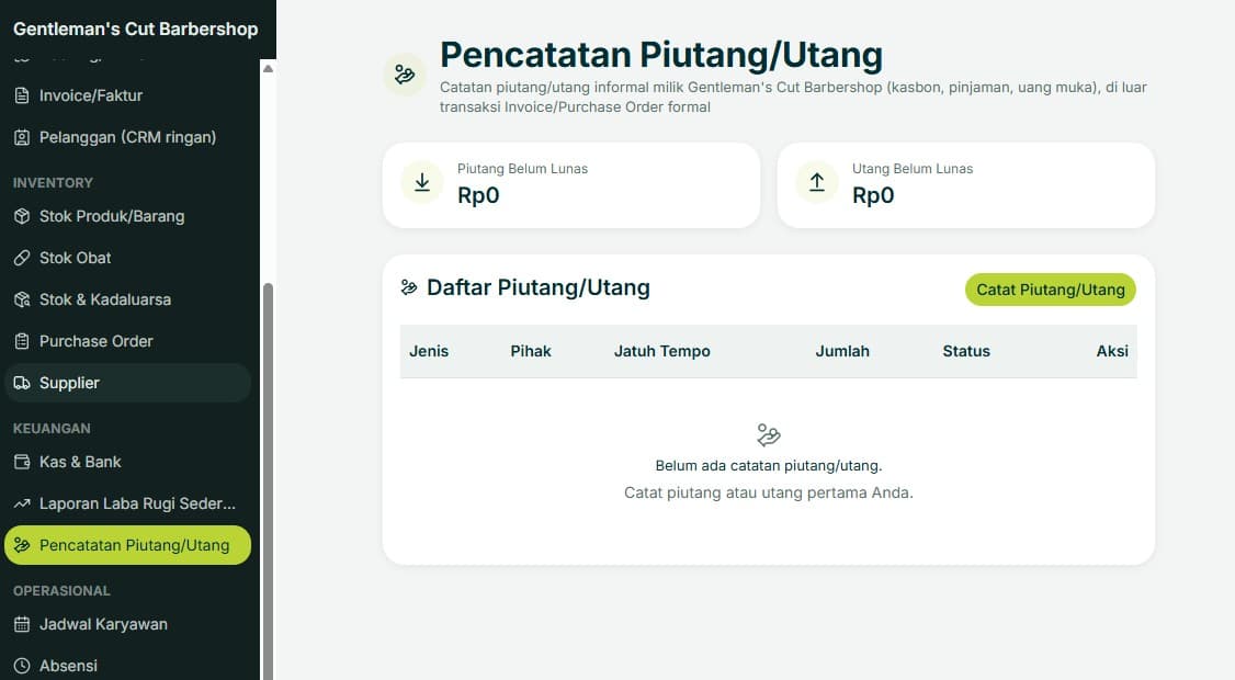 Halaman Pencatatan Piutang/Utang Bisnis Tertata