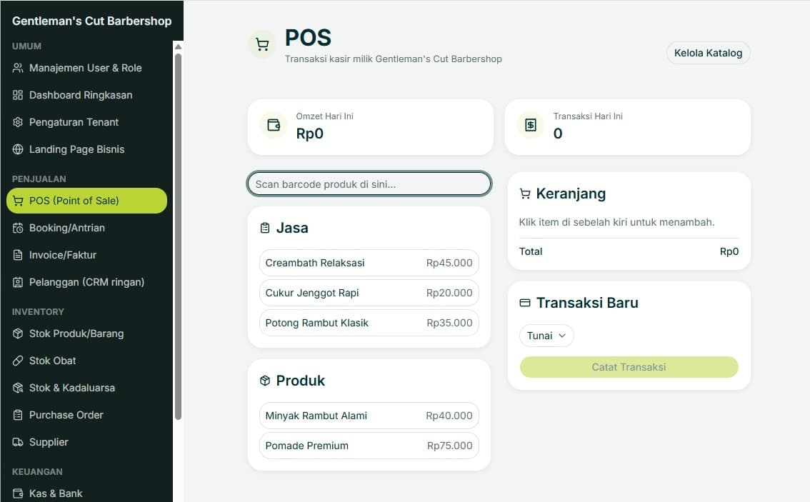 Halaman POS (kasir) Bisnis Tertata